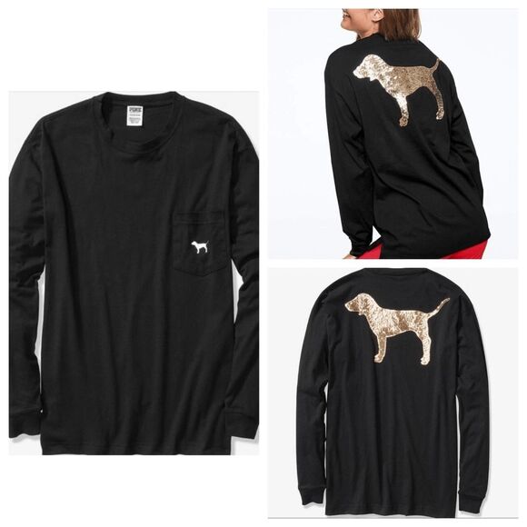 PINK Victorias Secret Black Silver Dog Sequin Bling Campus Top Large - Picture 6 of 6